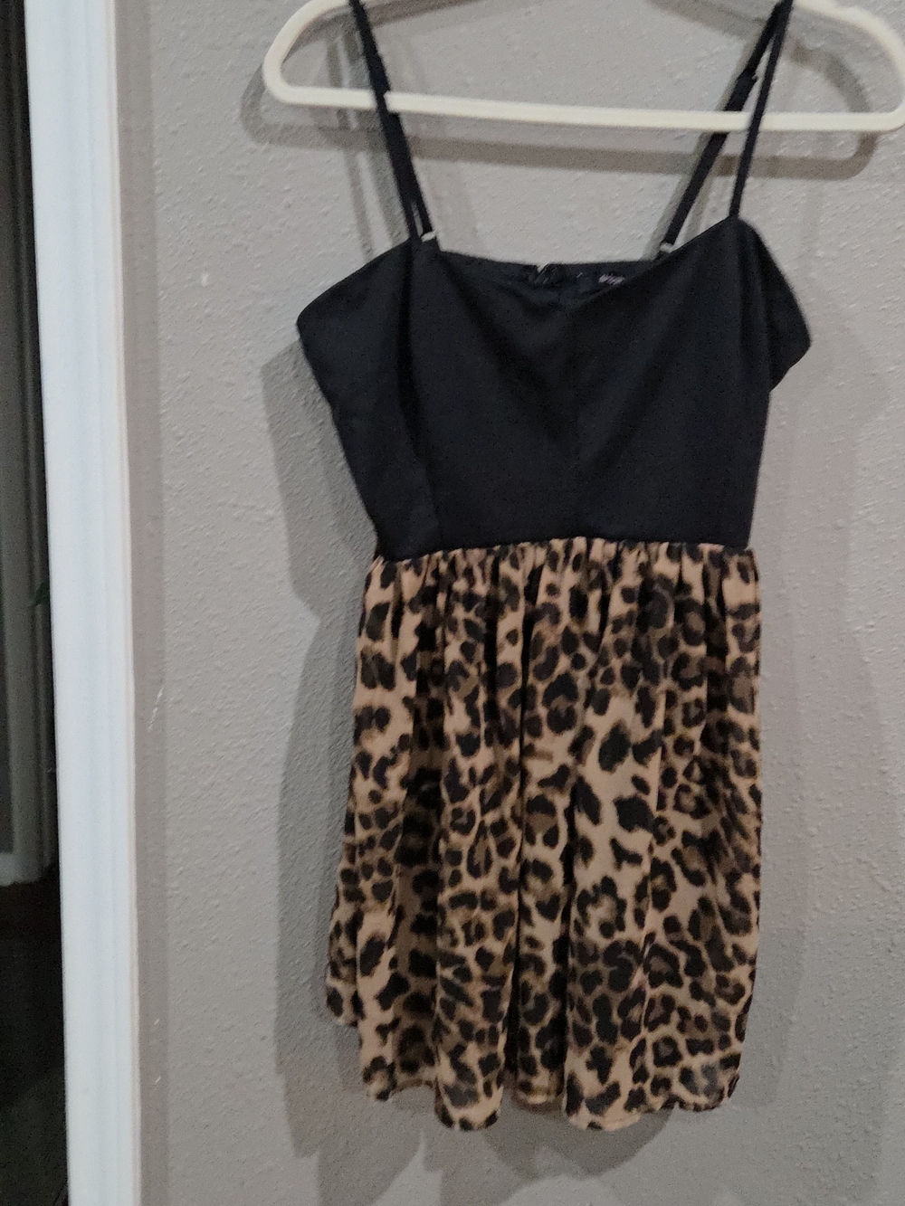 Girls Black & Leopard Print Spaghetti Strap Dress